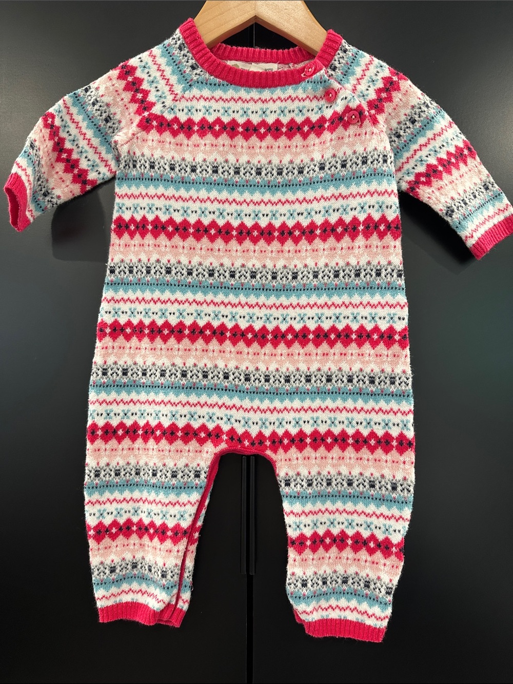Tucker + Tate Baby Girls Pink Teal Fair Isle‎ Knit Romper One Piece 3M